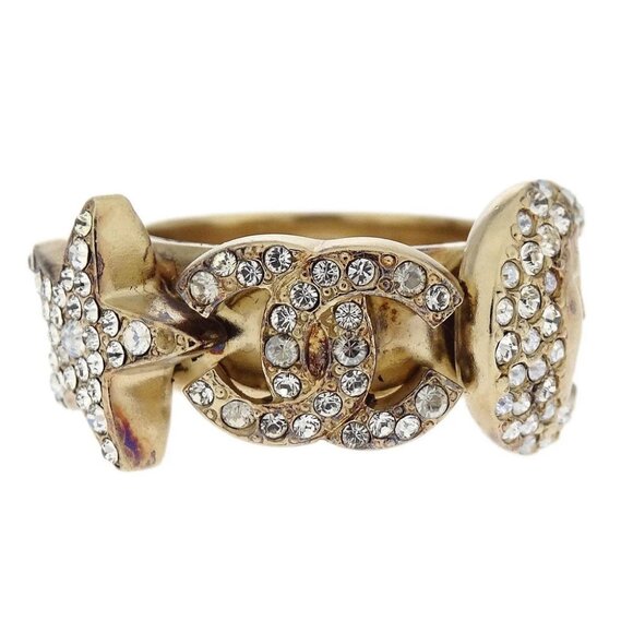 Chanel Ring Gold Rhinestone Star CC Crescent Moon - Picture 1 of 4